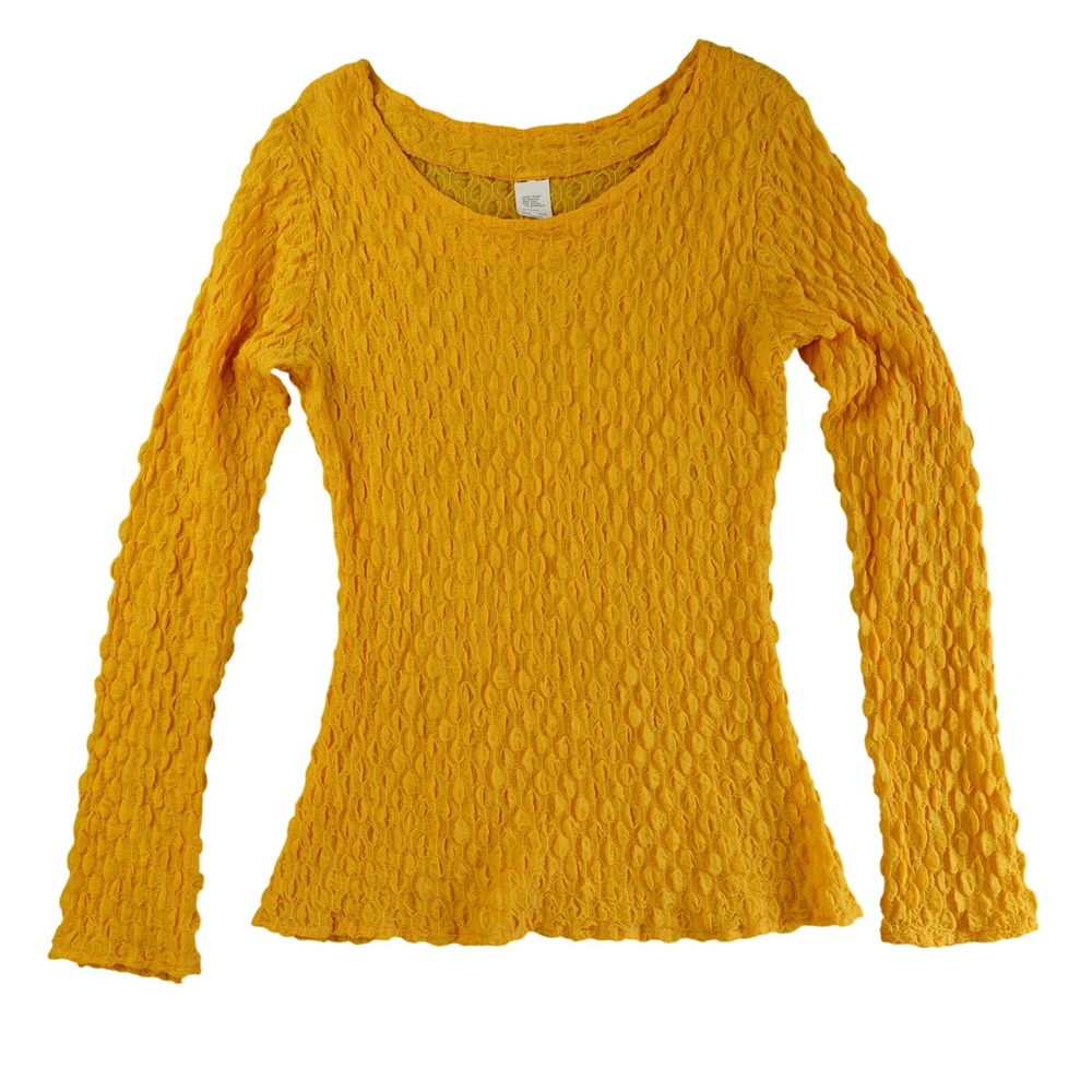 Vintage Y2K Top Womens Large Mustard Yellow‎ Sheer Crinkle Shirt Texture Stretch